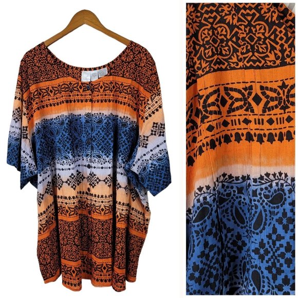 NEW Roamans Peasant Top Plus Size 5X boho Romantic Orange Blue Geometric Crinkle - Picture 1 of 5